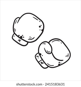 Boxing glove. Two red elements of athletic sportswear. Professional Fist fight. Cartoon drawn outline illustration. Sport fitness equipment. Fight and hit. Punch and combat.