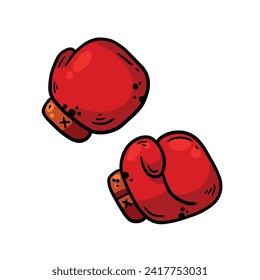 Boxing glove. Two red elements of athletic sportswear. Professional Fist fight. Cartoon drawn illustration. Sport fitness equipment. Fight and hit. Punch and combat.