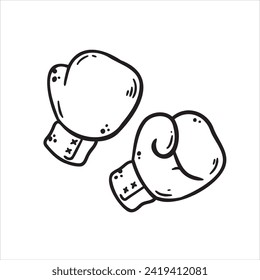 Boxing glove. Two red elements of athletic sportswear. Professional Fist fight. Cartoon drawn outline illustration. Sport fitness equipment. Fight and hit. Punch and combat.