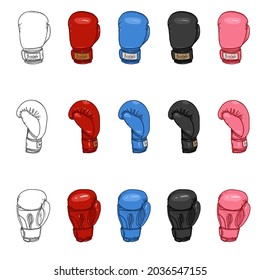 Boxing Glove. Vector Set of Sketch and Cartoon Illustrations. Color Variations.