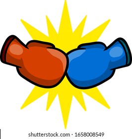 Boxing glove. Yellow sign of impact. Comic hand drawn illustration. game and championship. Fight and hit. punch and combat. Red and blue sportswear