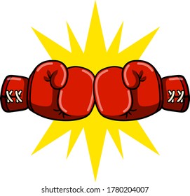 Boxing glove. Yellow sign of impact. Comic hand drawn illustration. game and championship. Fight and hit. punch and combat. Red and blue sportswear