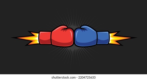 Boxing Gloves In Blue And Red Shewing A Combat Position Challenging Each Other For A Face Off. Vector Can Be Used In Fighting Sports Related Posts Or Game. The Fire Behind It Shows Power.