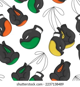 Guantes de boxeo. Patrón deportivo de los boxeadores. Protección de manos. El cuero se mueve. Gráfica de estilo de vida para papel envolvente. Accesorio de entrenamiento de juego. Pelea con los mitones. Fondo de corriente ininterrumpido del vector