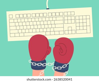 Boxing gloves chained to wrists in front of a keyboard represent the struggle against digital addiction