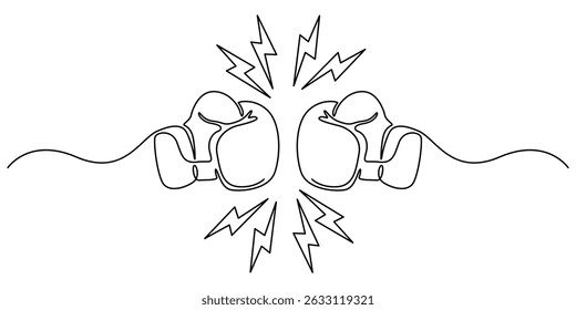 Boxing gloves continuous one line drawing, Boxing gloves illustration with line style design. Boxing glove in one continuous single line art drawing style isolated on white background, Boxing gloves.