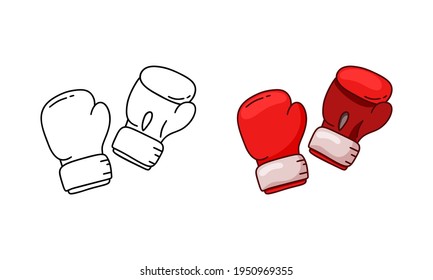 Icono del doodle de guantes de boxeo. Versión lineal y en color. Simple ilustración negra de atributo para el deporte. Contorno pictograma vectorial aislado sobre fondo blanco
