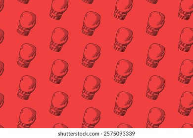 boxing gloves doodle seamless pattern on red background. boxing mitts hatching engraving pattern background wallpaper. retro boxing gloves background for boxing sport decor and merchandise
