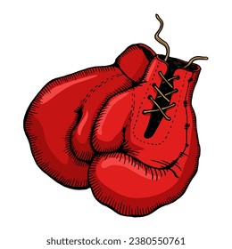 Boxing gloves engraving sketch style hand drawn color vector illustration. Scratch board style imitation. Hand drawn image.