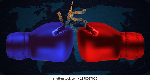 Boxing gloves facing each other on abstract world map background