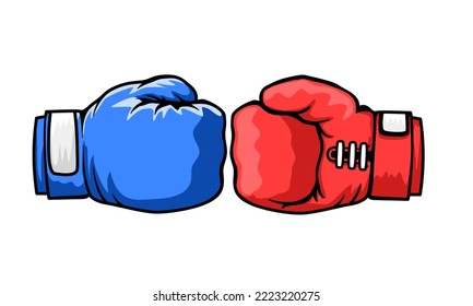 Boxing gloves fight between blue gloves and red gloves. Battle emblem cartoon. Vector illustration.