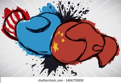 Boxing gloves fighting in brush stroke style with China and U.S.A. colors representing the Trade War conflict.