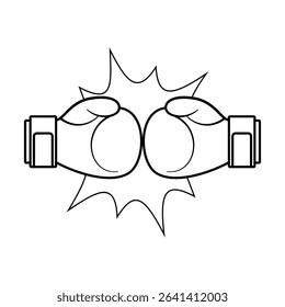 Boxing Gloves Fist Bump with Comic Explosion Vector Illustration. Black and white vector illustration of two boxing gloves performing a fist bump.