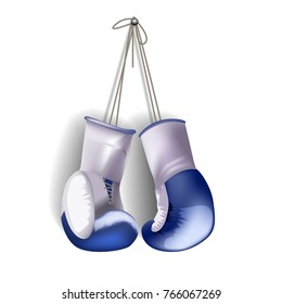 Boxing gloves hang with laces isolated on white background.