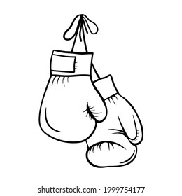 Boxing gloves hang on the carnation. Black white vector illustration in outline style. Sportswear.