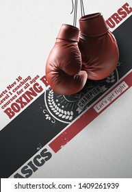 Boxing gloves hanging in the air on retro poster, 3d illustration