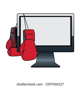 boxing gloves hanging on computer monitor over white background, vector illustration