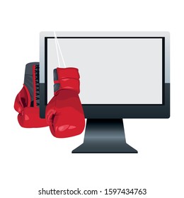 boxing gloves hanging on computer monitor over white background, colorful design, vector illustration