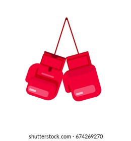 Boxing gloves hanging on rope vector illustration isolated on white background, flat cartoon gloves for box icon