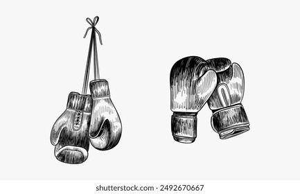 Guantes de boxeo colgados en la pared. Ilustración de tinta blanca y negra