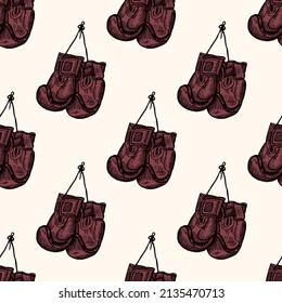 Boxing gloves hanging seamless pattern. Vintage sport inventory background. Repeated texture in hand drawn style for fabric, wrapping paper, wallpaper, tissue. Vector illustration.