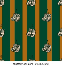 Boxing gloves hanging seamless pattern. Vintage sport inventory background. Repeated texture in hand drawn style for fabric, wrapping paper, wallpaper, tissue. Vector illustration.