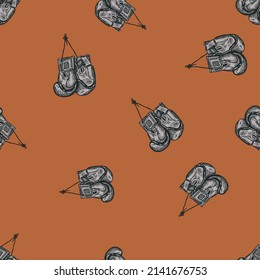 Boxing gloves hanging seamless pattern. Vintage sport inventory background. Repeated texture in hand drawn style for fabric, wrapping paper, wallpaper, tissue. Vector illustration.