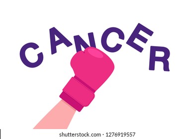 Boxing gloves hit the word cancer. Color vector illustration of Hand breaks the word