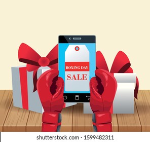 Boxing gloves holding a cellphone and gift boxes over wooden and white background, colorful design, vector illutration