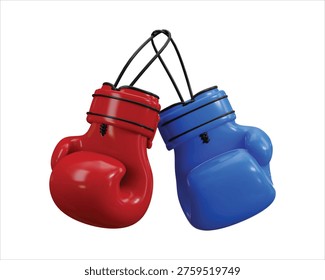 Boxing gloves icon 3d render concept of red and blue boxing gloves hanging for fitness and strength training, boxing competition or self protection icon vector illustration