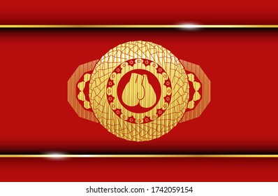 boxing gloves icon inside Gold and Red badge. Traditional delicate background. Artistic illustration. 