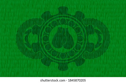 boxing gloves icon inside green pasture grass badge. Eco handsome background. Intense illustration. 