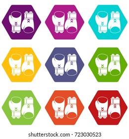 Boxing gloves icon set many color hexahedron isolated on white vector illustration