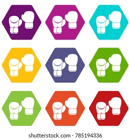 Boxing gloves icon set many color hexahedron isolated on white vector illustration