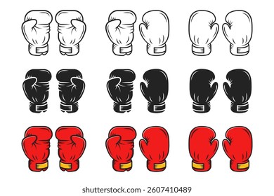 Boxing Gloves Icon Set. Outline, Silhouette, and Cartoon Style