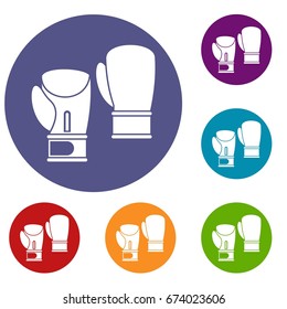 Boxing gloves icons set in flat circle reb, blue and green color for web