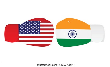 Boxing gloves with India and USA flags. trade war. vector 