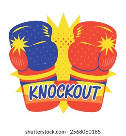 Boxing gloves with knockout text, flat style sticker