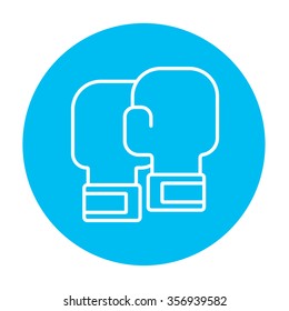 Boxing gloves line icon for web, mobile and infographics. Vector white icon on the light blue circle isolated on white background.