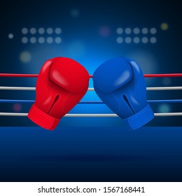 Boxing gloves on the background of the ring. Vector illustration.
