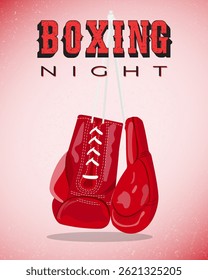Boxing gloves poster feat red gloves – A pair of red boxing gloves hang against a textured pink background – Promotes a boxing event or match – Ideal for "Boxing Night" event posters or flyers.