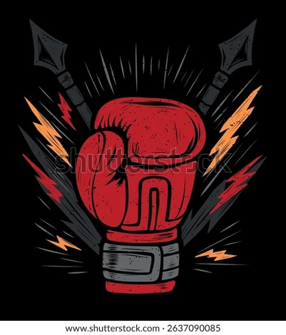 Boxing gloves poster with lightning and spear, boxing championship tee design. grunge textured print sport boxer illustration in sketch style. Silhouette of boxing gloves