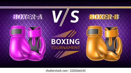 Boxing gloves poster. Realistic fight sport accessories, vs banner, different colors opponents, champion title fight, invitational promotional illustration for tournament utter vector concept