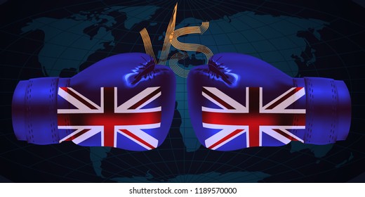 boxing gloves with print of national flags  of United Kingdom isolated on abstract world map background