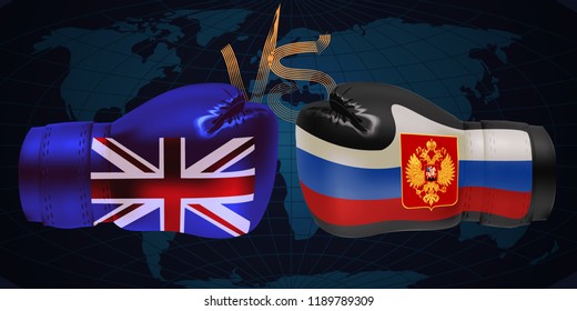 boxing gloves with print of national flags  of United Kingdom and Russia isolated on abstract world map background