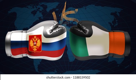 Boxing gloves with prints of Irish and Russian flags facing each other on a world map background, vector illustration