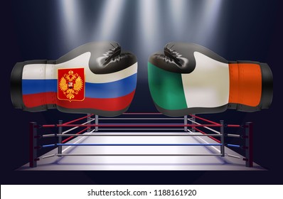 Boxing gloves with prints of Irish and Russian flags facing each other on a boxing ring background, vector illustration