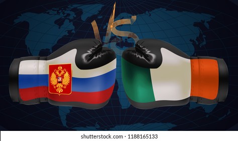 Boxing gloves with prints of Irish and Russian flags facing each other on a world map background, vector illustration