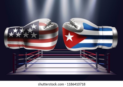 Boxing gloves with prints of the USA and Cuba flags facing each other on a ring lit by spotlights, realistic vector illustration design