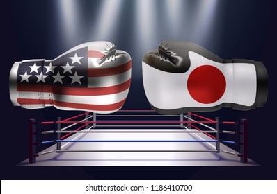 Boxing gloves with prints of the USA and Japanese flags facing each other on a ring lit by spotlights, realistic vector illustration design